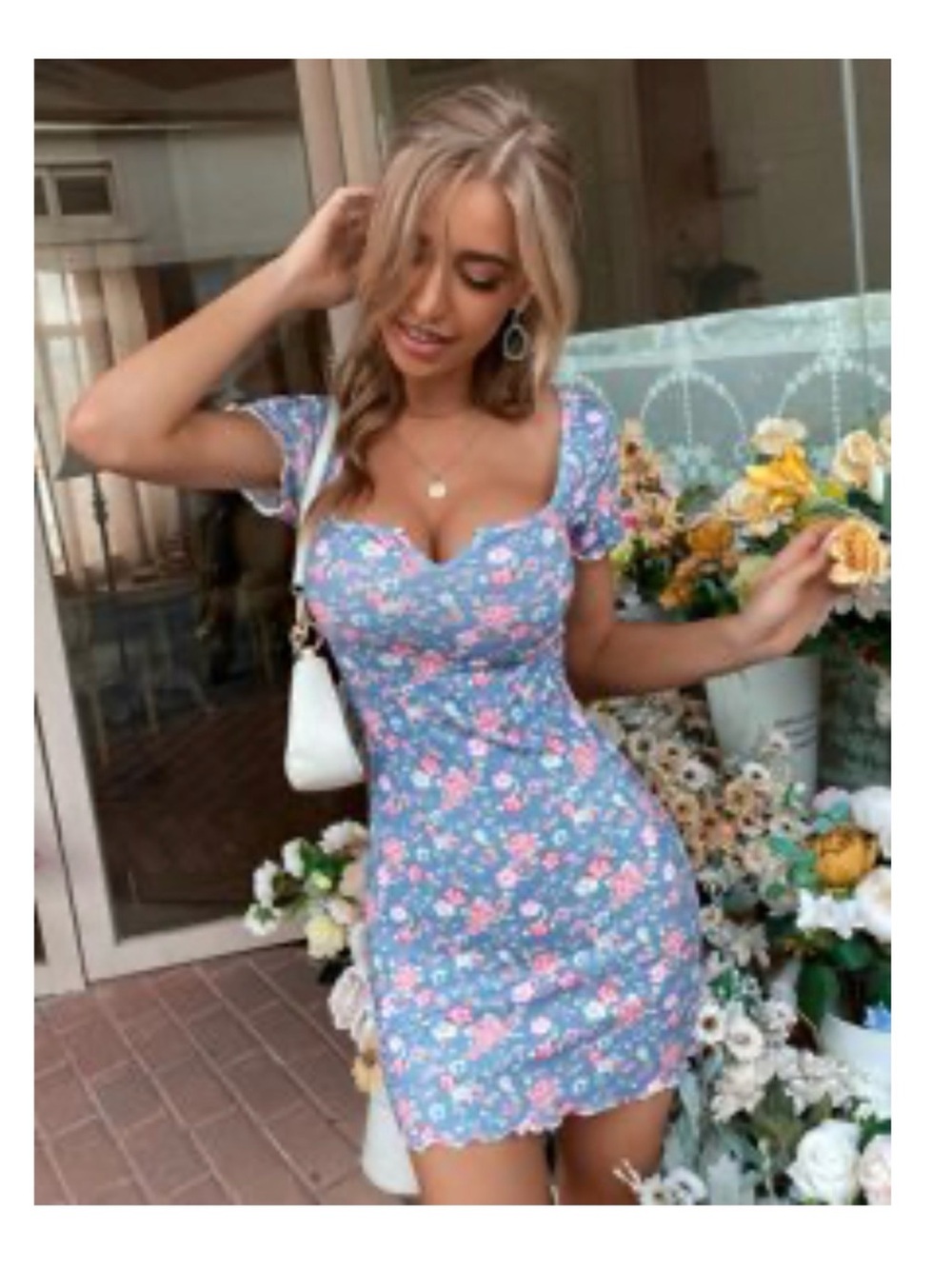SHEIN Blue Floral Mini Dress with Pink Roses